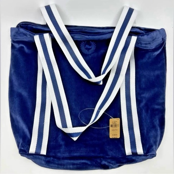 NEW Victoria's Secret PINK Ribbed Velour Tote - Navy Blue & White - Zippered Bag - Picture 5 of 6
